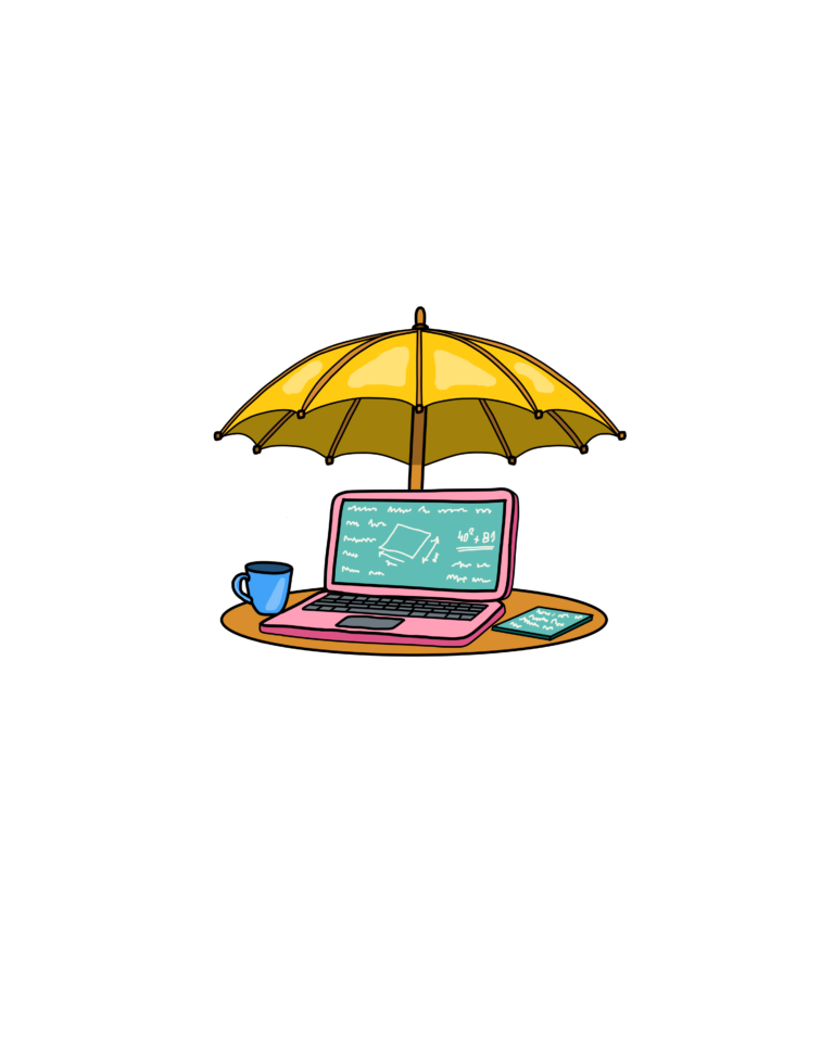 Die Illustration zeigt einen Sonnenschirm und einen Laptop auf einem Tisch.