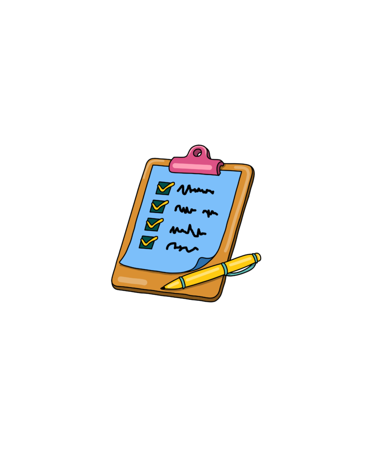 Diese Illustration zeigt ein Klemmbrett mit einem Notizzettel und einen Kuli.