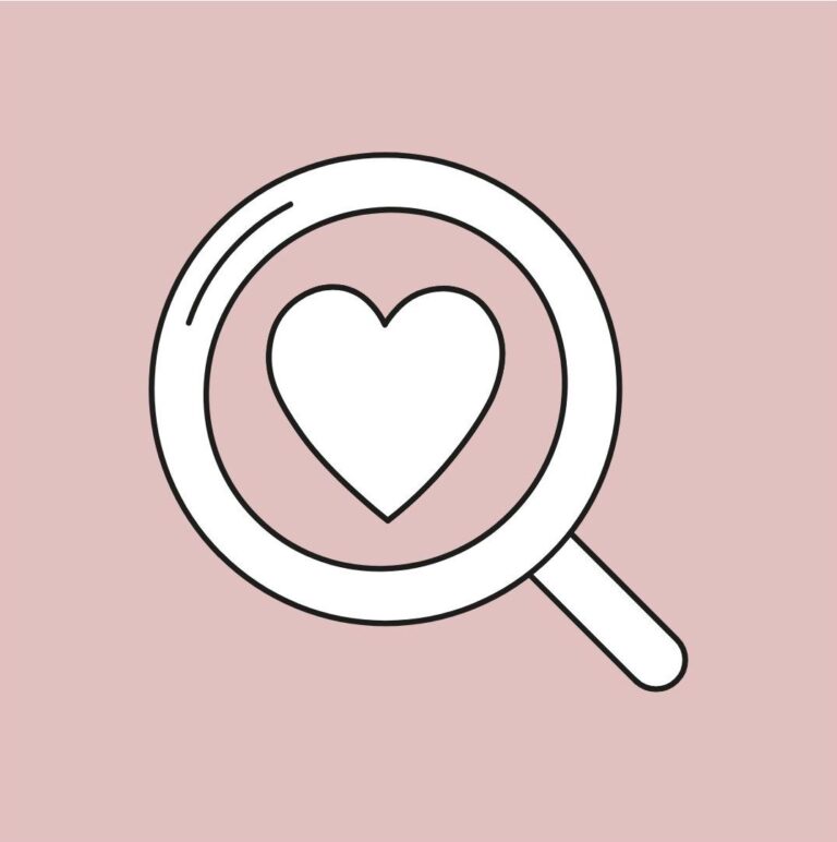 Die Illustration zeigt eine Lupe. In der Mitte der Lupe ist ein Herz. Die Lupe und das Herz sind weiß mit schwarzen Rand. Der Hintergrund ist rosa.