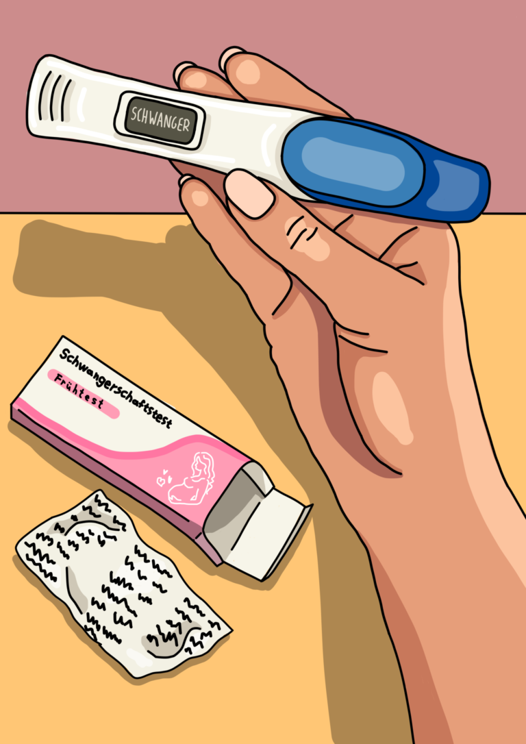 DIe Illustration zeigt eine Hand. Sie hält einen positiven Schwangerschaftstest. Darunter ist die Verpackung des Schwangerschaftstest.