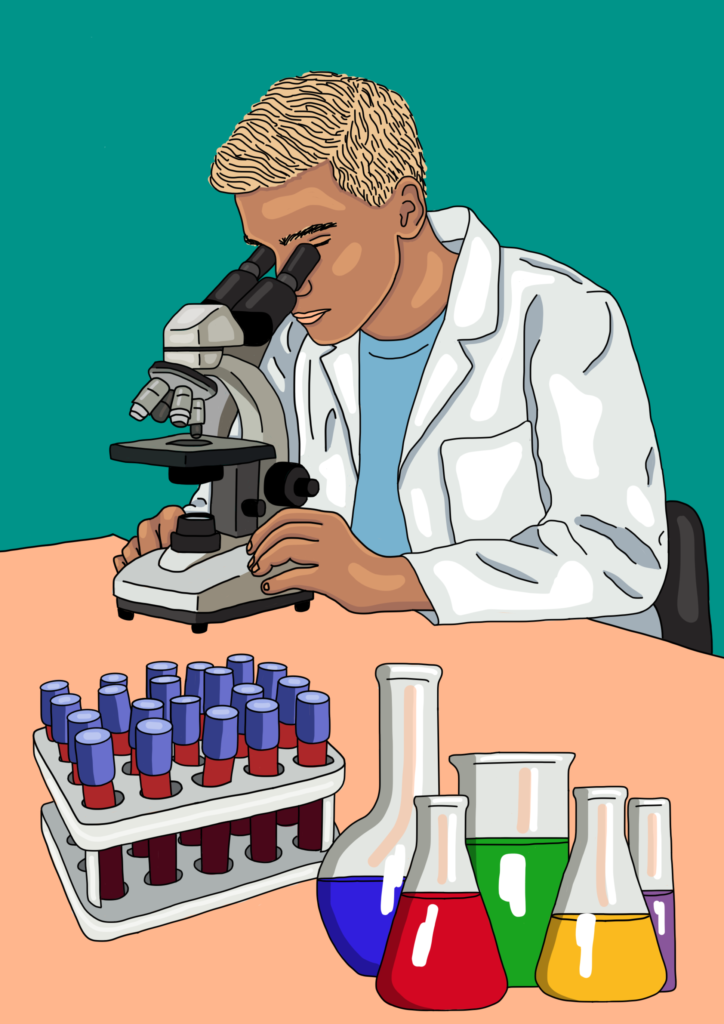 Die Illustration zeigt einen jungen Mann der durch ein Mikroskop schaut. Er sitzt an einem Tisch. Darauf sind mehrere Glasbehälter mit verschieden farbigen Flüssigkeiten zu sehen.