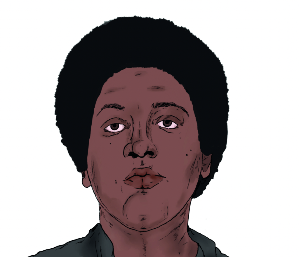 Die Illustration zeigt eine schwarze Frau. Sie hat kurze schwarze Haare. Große braune Augen und einen vollen Mund. Sie trägt eine dunkelgrüne Bluse.